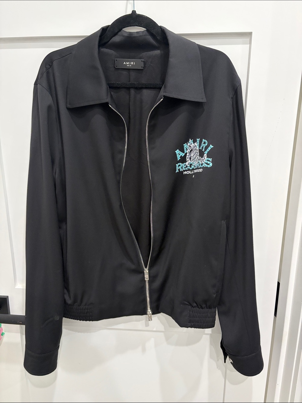 AMIRI Black Wool Bomber Jacket with Turquoise Logo